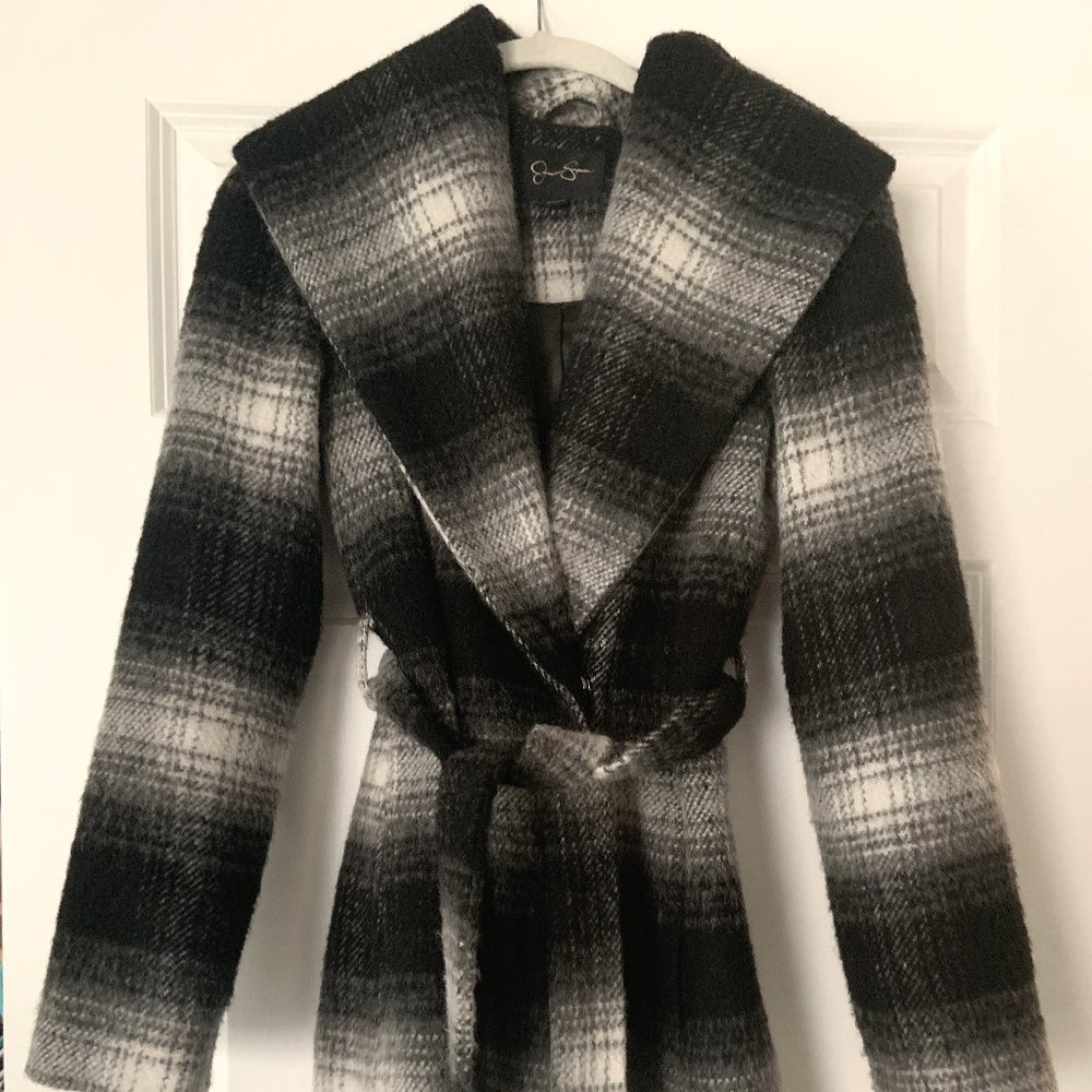 Wool Coat, Black/Gray/White Brushed Plaid - Jessica Simpson